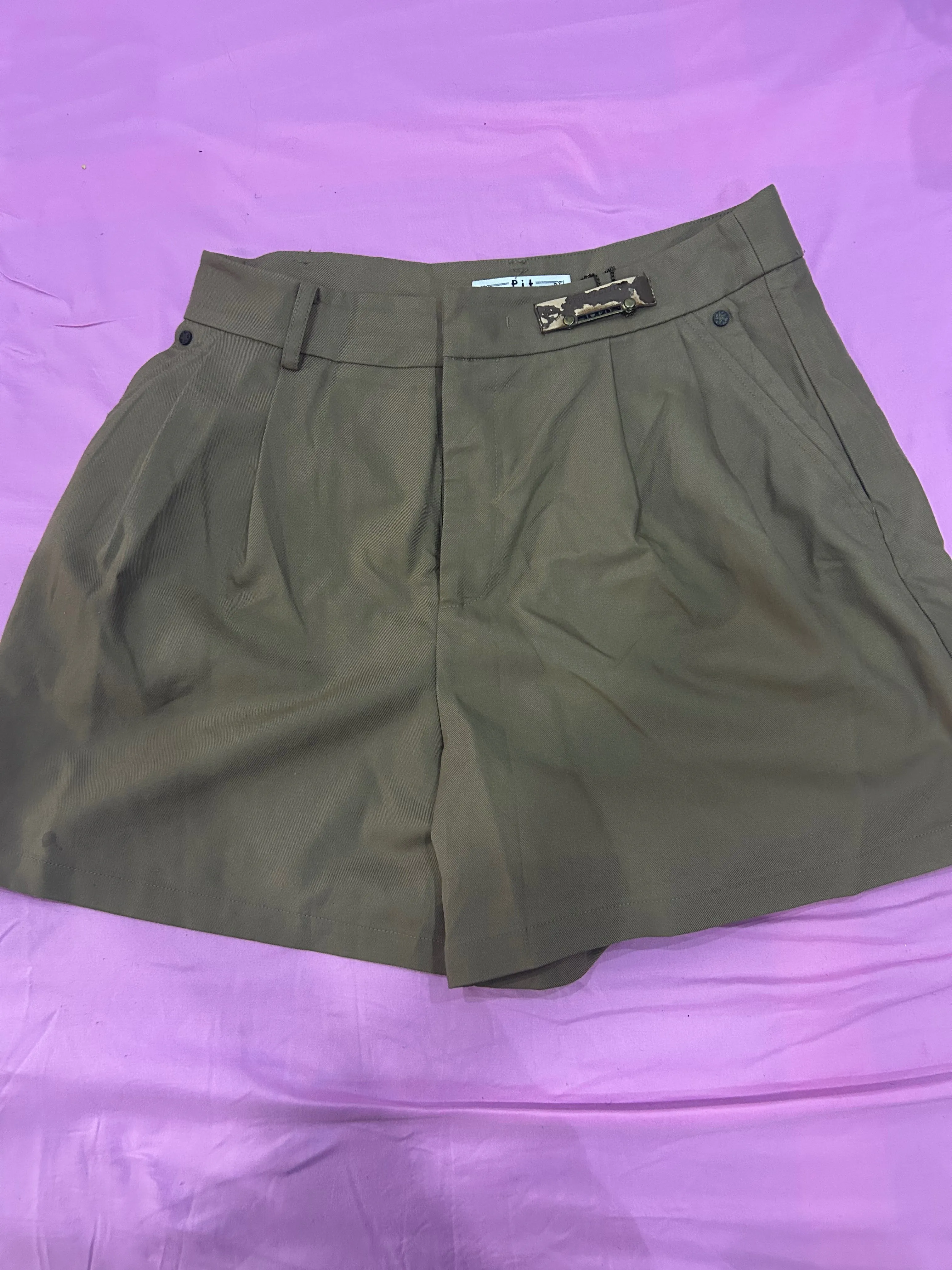 Olive Green High-Waisted Pleated Trouser Shorts